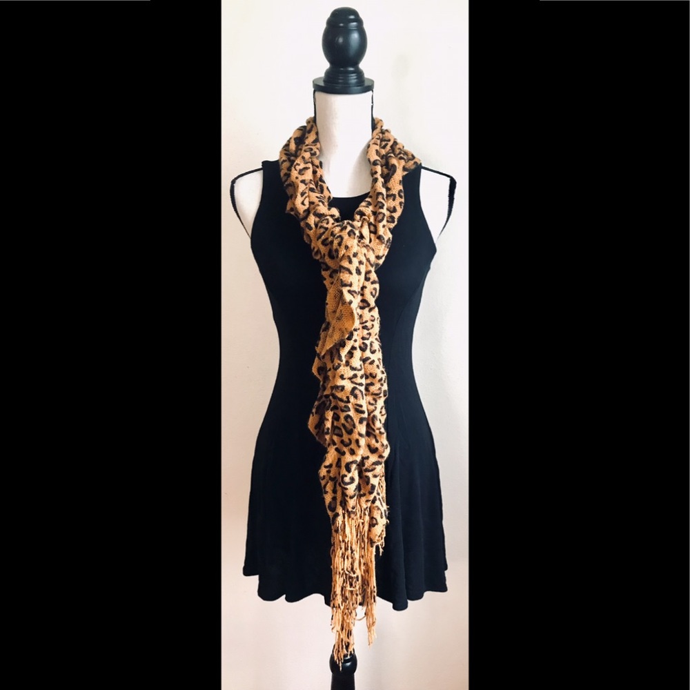 Cheetah/Animal Print Scarf (Tan, Brown & Black): Long, Ruched w/ Frayed Ends